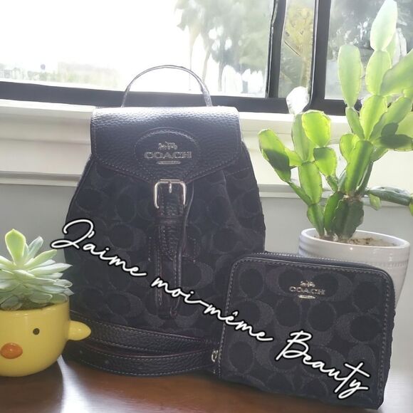 Coach Black Denim Convertible Backpack and Small Zip Around Wallet Set Silver HW - Picture 9 of 12